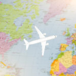 Flight to Europe symbolic image of travel by plane map.