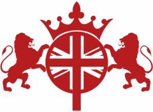 A red graphic featuring two lions facing each other, standing on hind legs and holding a circle with the Union Jack inside. A crown sits atop the circle. The entire design is in a uniform red color.