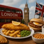A plate of fish and chips with peas, a pasty, baked beans, a burger with egg, and a cup of tea sit on a table. In the background are a London bus, Big Ben, buildings, and a waving UK flag.