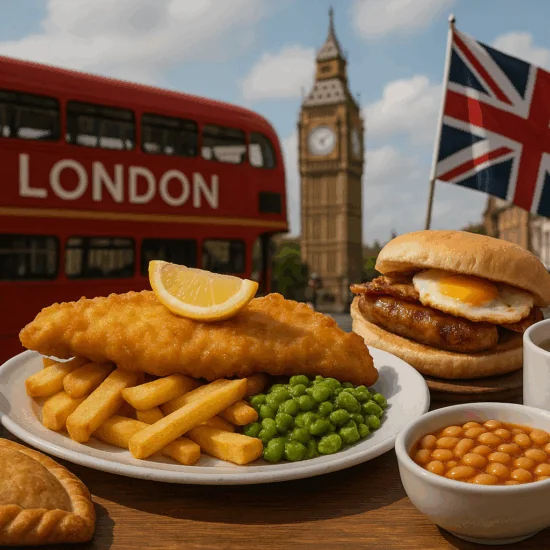 A plate of fish and chips with peas, a pasty, baked beans, a burger with egg, and a cup of tea sit on a table. In the background are a London bus, Big Ben, buildings, and a waving UK flag.