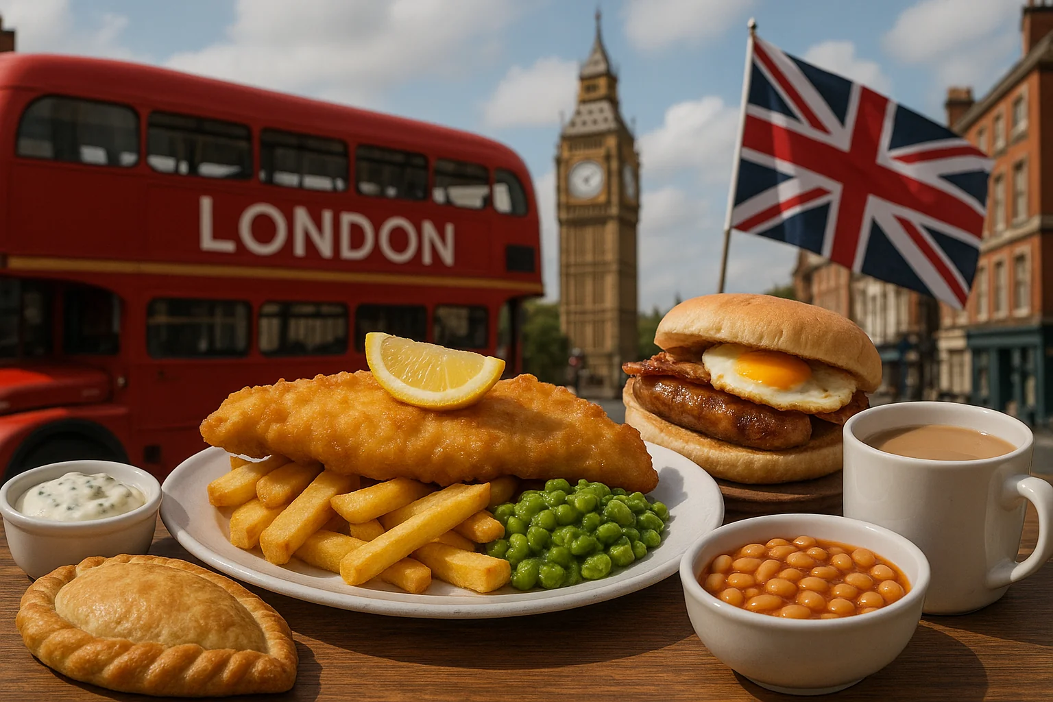 A plate of fish and chips with peas, a pasty, baked beans, a burger with egg, and a cup of tea sit on a table. In the background are a London bus, Big Ben, buildings, and a waving UK flag.