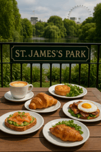 A café table in St. James’s Park with a cappuccino, croissants, avocado toast with smoked salmon, a hash brown with greens, and a bacon and egg breakfast plate. The London Eye and greenery are visible in the background.