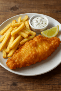 A plate of fish and chips with golden fries, a piece of crispy battered fish, a lemon wedge, and a small dish of tartar sauce on a wooden table.