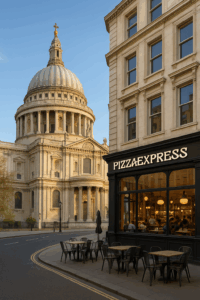 A street view of PizzaExpress with outdoor seating in front of St. Paul’s Cathedral in London, showing the cathedral’s large dome and historic architecture at sunset.