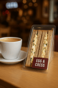 A white cup of coffee sits on a saucer next to a packaged sandwich labeled Egg & Cress on a wooden table, with a blurred café background.