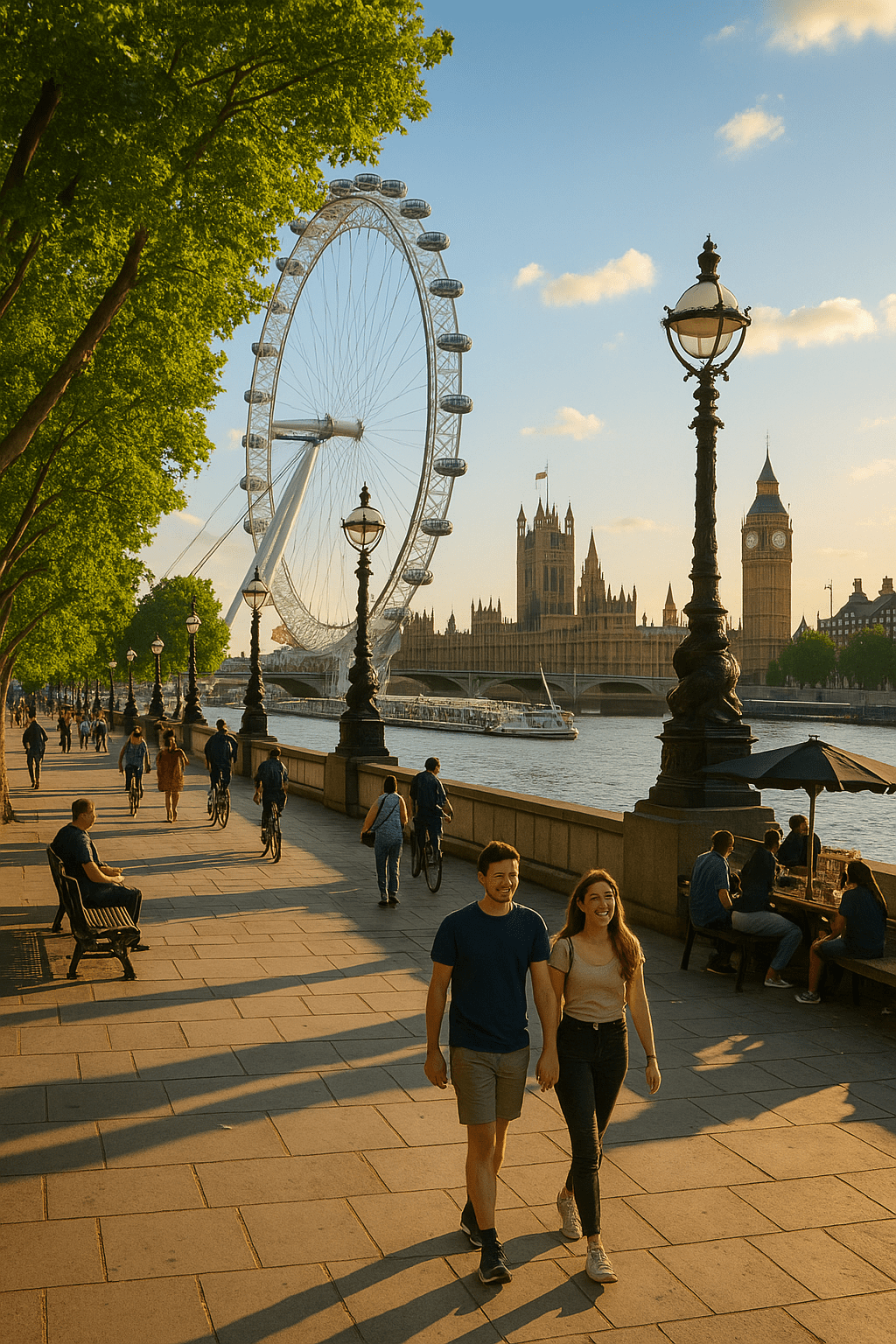 People walk and relax along the Thames in London at sunset, with the London Eye, Big Ben, and the Houses of Parliament visible in the background under a clear sky.