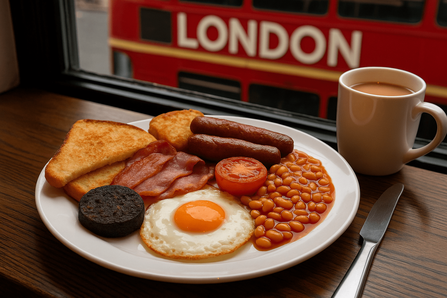 A plate with a traditional English breakfast—fried egg, bacon, sausages, baked beans, grilled tomato, black pudding, hash browns, and toast—next to a cup of tea. Eating in London feels complete with a red bus passing by the window.